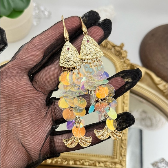 Gold Iridescent Fish Dangle Earrings | Unique Textured Design - Picture 7 of 9